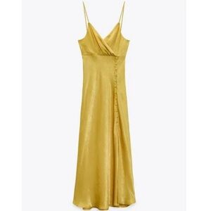 Zara mustard yellow / Gold Satin Midi Dress with button detail front